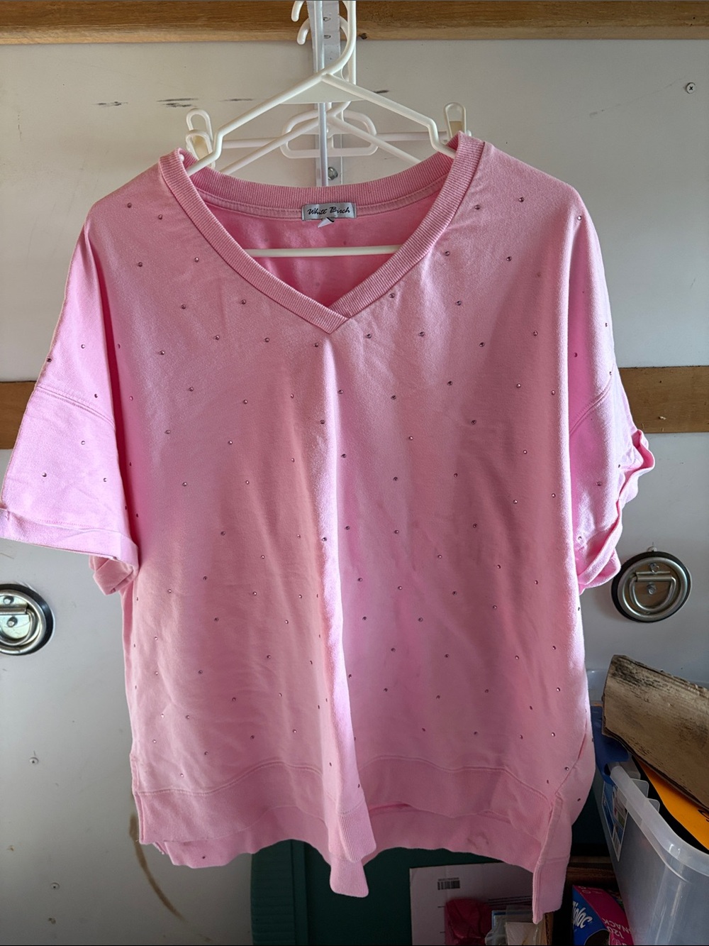 White Pink V-Neck Embellished Tee
